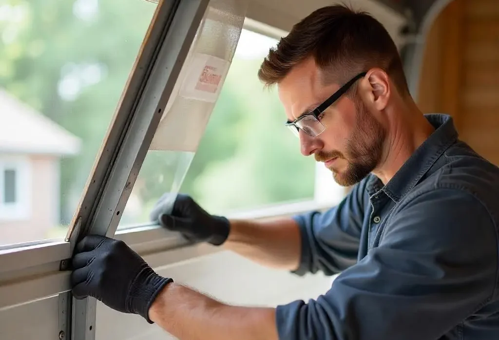 Garage door technician wearing safety glasses and gloves, repairing a garage door panel inside a residential garage.