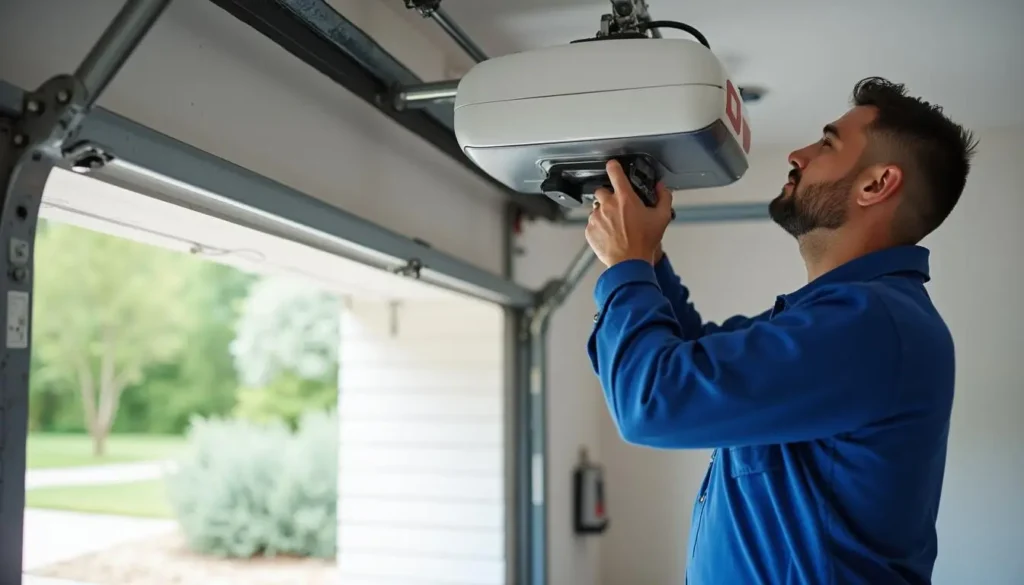 Garage door technician in a blue uniform installing a garage door opener inside a residential garage.